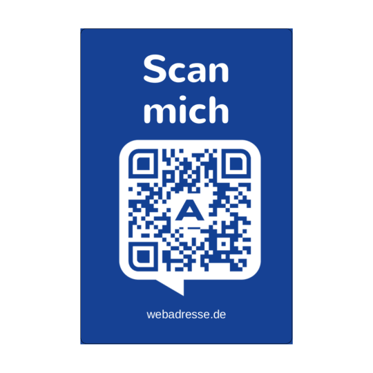 Auf dem rechteckigen Aufkleber ist ein QR Code mit der Aufforderung "Scan mich".