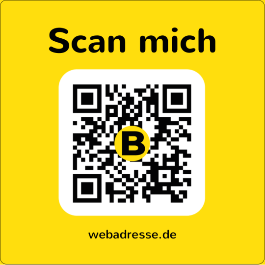 Auf dem quadratischen Aufkleber ist ein QR Code mit der Aufforderung "Scan mich".