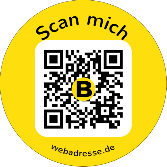 Auf dem Aufkleber ist ein QR Code mit der Aufforderung "Scan mich".