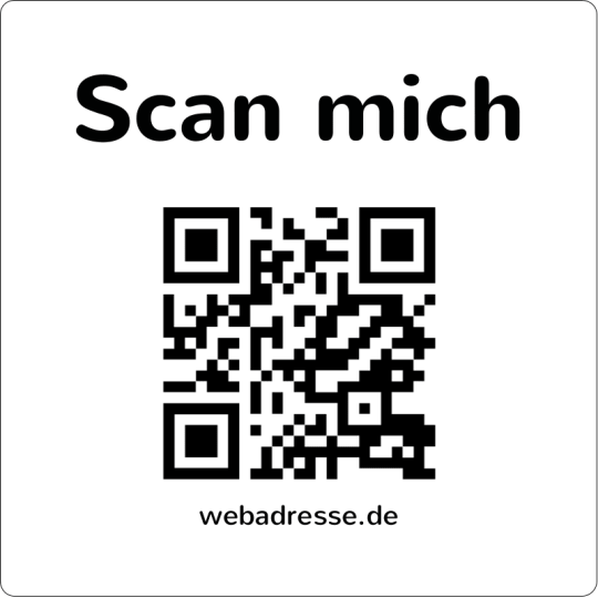 Auf dem quadratischen Aufkleber ist ein QR Code mit der Aufforderung "Scan mich".