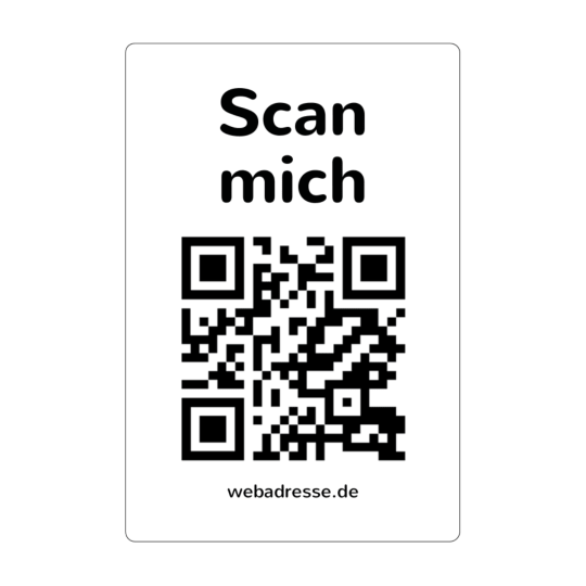 Auf dem rechteckigen Aufkleber ist ein QR Code mit der Aufforderung "Scan mich".