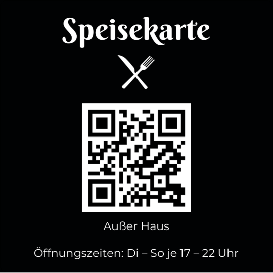 Auf dem quadratischen Aufkleber ist ein QR Code zu einer Speisekarte.