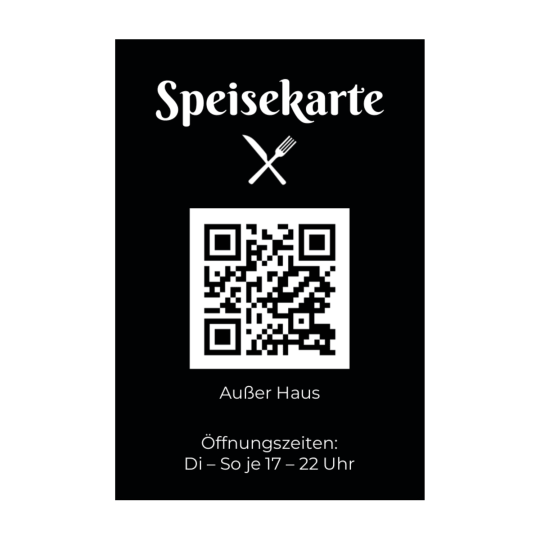 Auf dem rechteckigen Aufkleber ist ein QR Code zu einer Speisekarte.