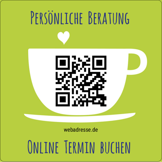 Auf dem quadratischen Aufkleber ist ein QR Code zu einer Terminbuchung für eine persönliche Beratung.