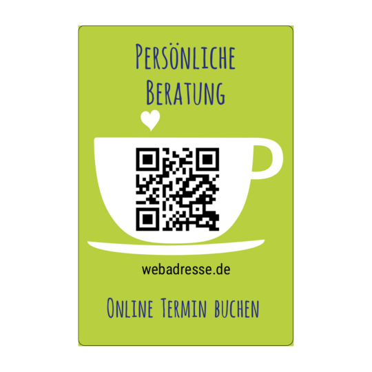 Auf dem rechteckigen Aufkleber ist ein QR Code zu einer Terminbuchung für eine persönliche Beratung.
