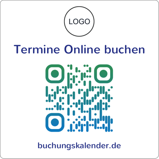 Auf dem quadratischen Aufkleber ist ein QR Code für eine Terminbuchung online.