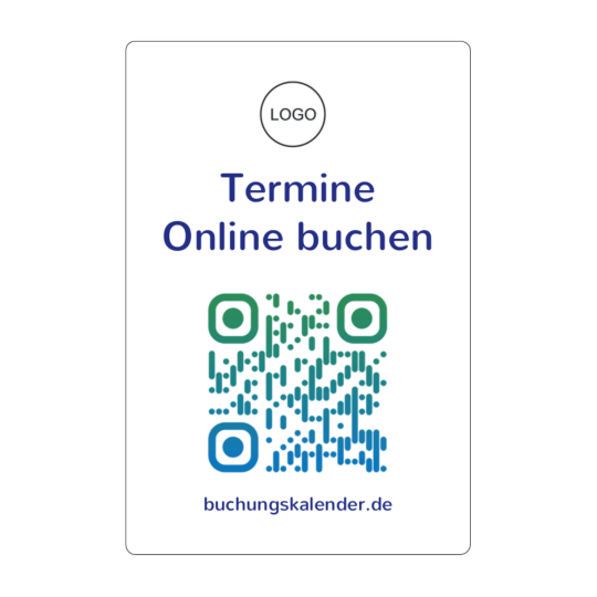 Auf dem rechteckigen Aufkleber ist ein QR Code für eine Terminbuchung online.