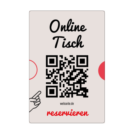 Auf dem rechteckigen Aufkleber ist ein QR Code für eine Tischreservierung.