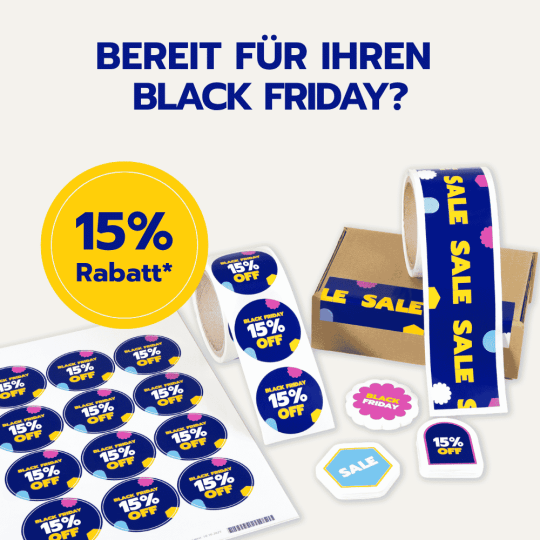 Werbemittel für Vorbereitung zum Black Friday mit 15% Rabatt.