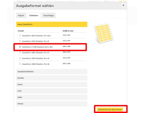 Internetmarke von AVeryz Zweckform auswählen