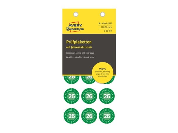 Eine Avery Packung, in der grüne Prüfplaketten für 2026 sind. Prüfplaketten sind aus Vinyl, wetterfest und beständig gegen Öl und viele Chemikalien.