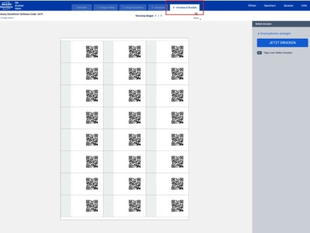 Ansicht, wie Druckvorschau von QR Code Etiketten in DPO aussieht.