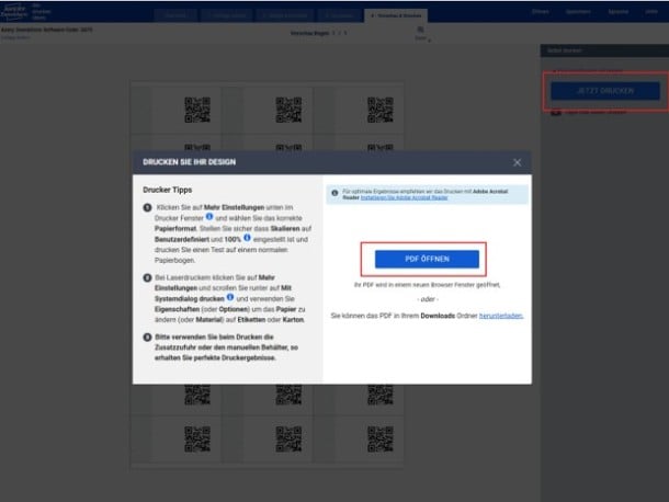 Ansicht in DPO, wie man die gestalteten Etiketten drucken kann.