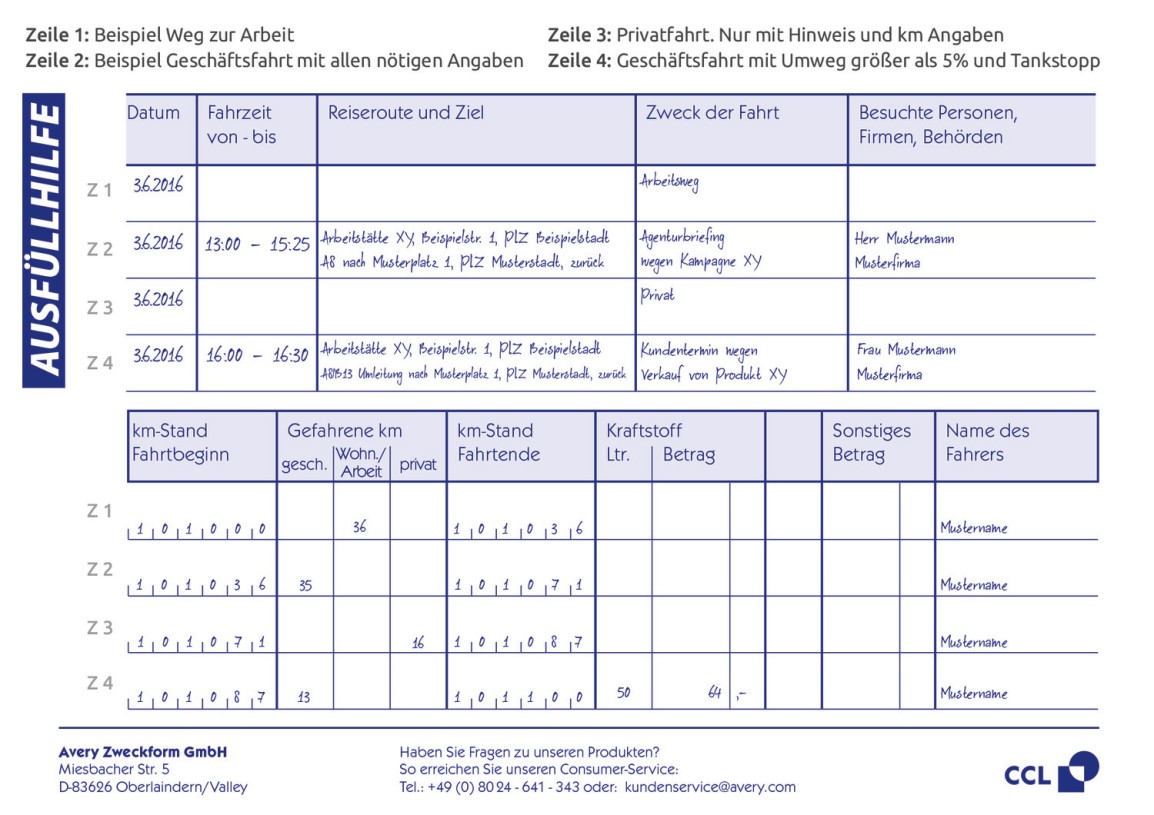 Wie fülle ich ein Fahrtenbuch aus - Avery Zweckfomr 222
