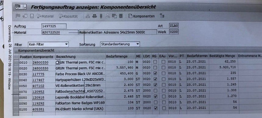 SAP Auftragsübersicht Rollenetiketten