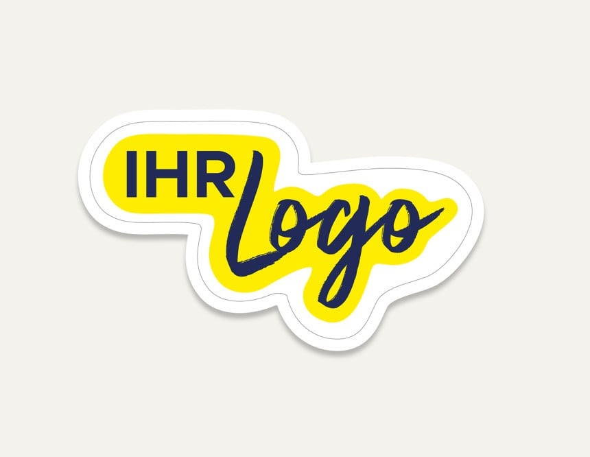 Ein Freiform-Aufkleber mit dem Aufdruck "Ihr Logo" in Gelb. Es ist ein Beispiel für einen Logo-Aufkleber.
