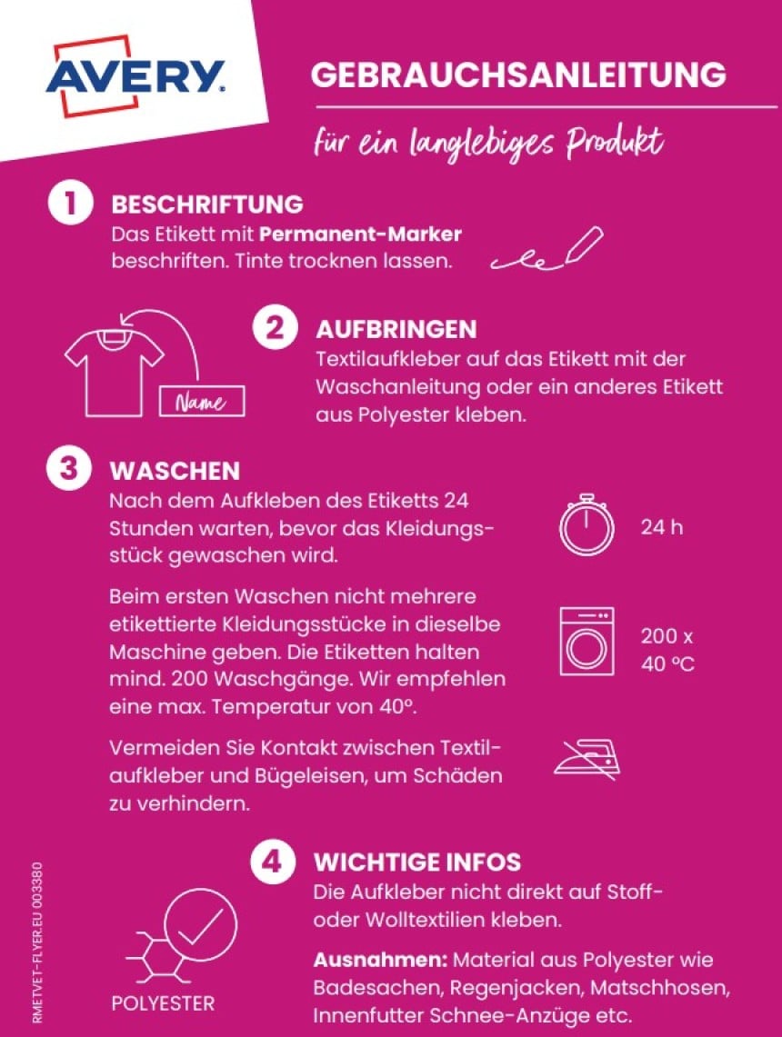 Eine Gebrauchsanleitung für Textiletiketten ist zu sehen.