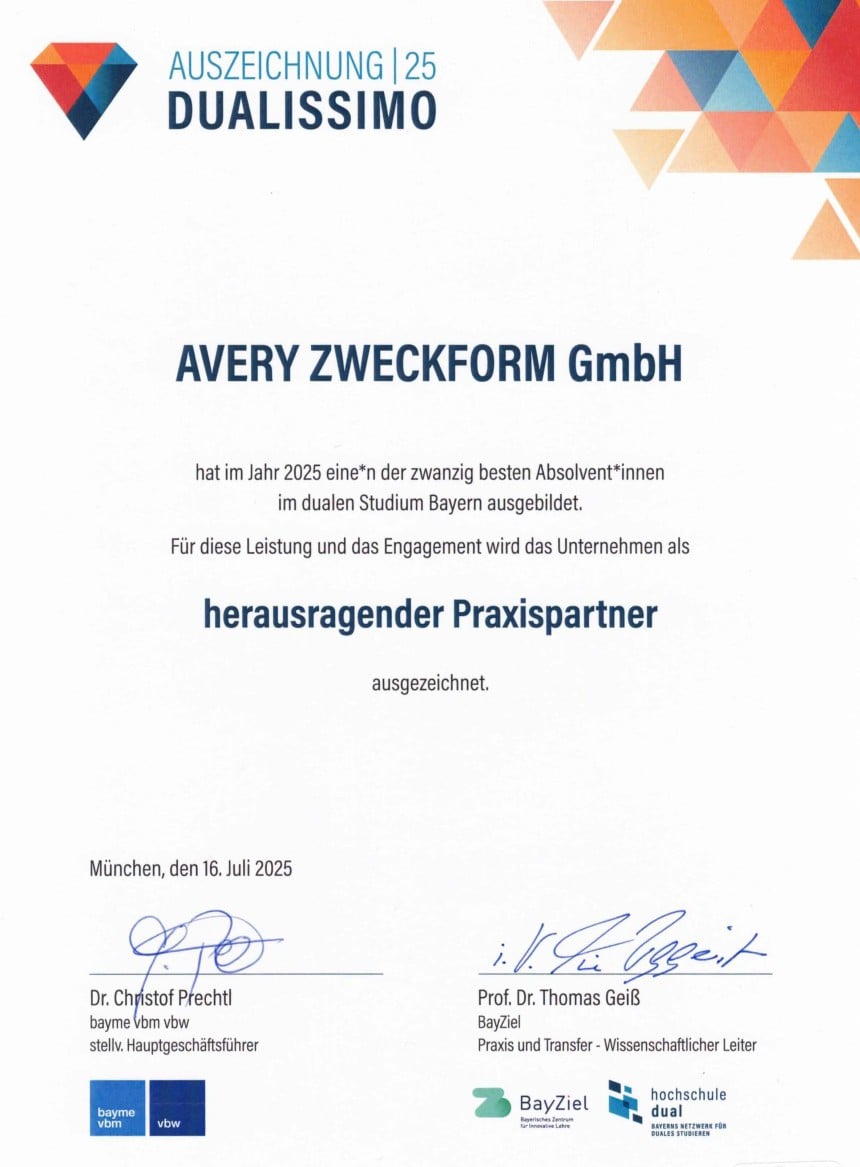 Das Zertifikat "Auszeichnung Dualissimo 2025" das die Avery Zweckform GmbH als herausragenden Praxispartner für Studenten eines Dualen Studiums auszeichnet.