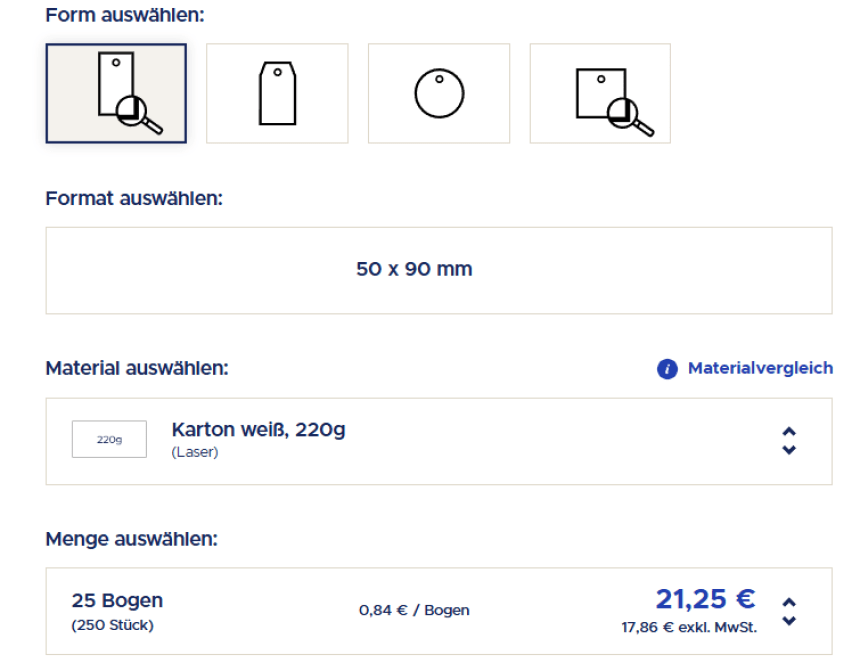 Man sieht die verschiedenen Schritte zur Auswahl des Blanko Produktanhängers: Form, Format, Material und Menge.