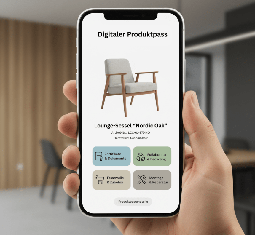 Das Bild zeigt ein Smartphone in einer Hand. Auf dem Screen ist der Digitale Produktpass zu sehen.
