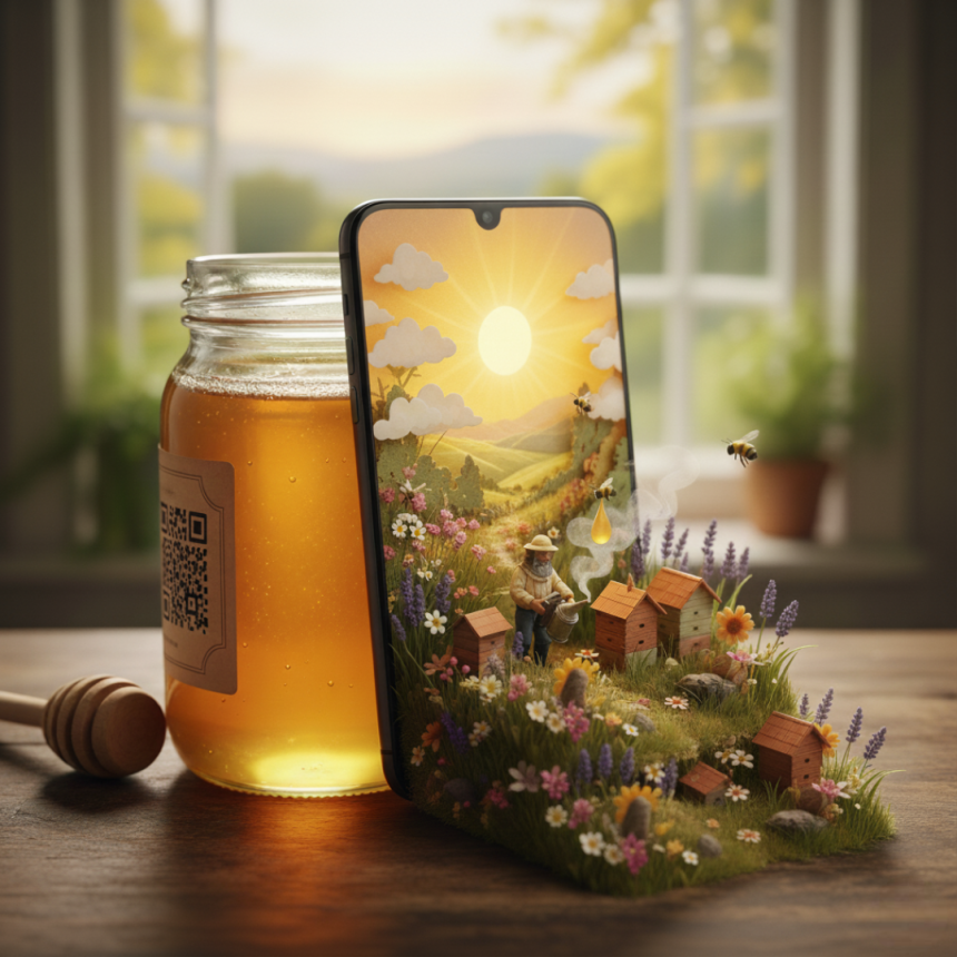 Das Bild zeigt ein Honigglas mit QR-Code sowie ein Handy.