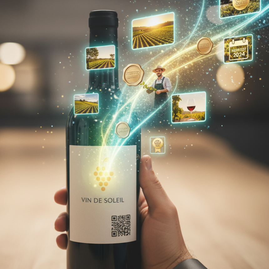 Das Bild zeigt eine Hand, die eine Weinflasche mit QR-Code hält.