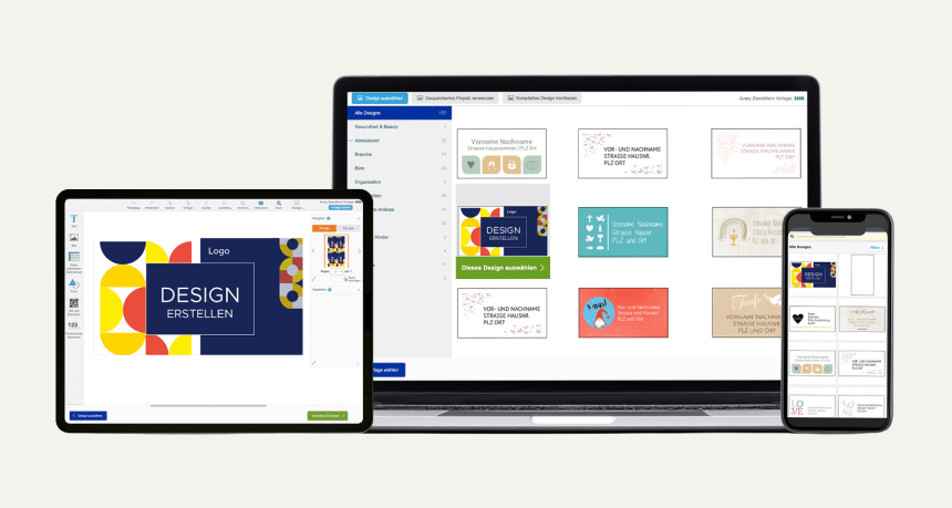 Das Bild zeigt das Avery Design & Print Design-Tool auf einem Laptop, Tablet und Handy.