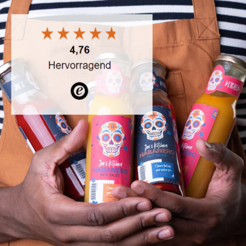 Das Bild zeigt Saucen mit Etiketten und dem aktuellen Stand der Trusted Shops Bewertungen.