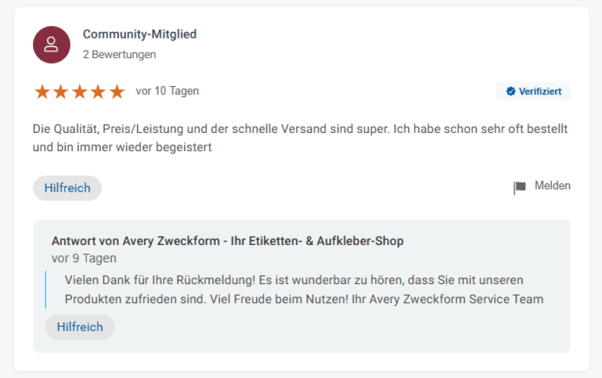Das Bild zeigt einen Screenshot einer Trusted Shops Bewertung von unserem Shop.