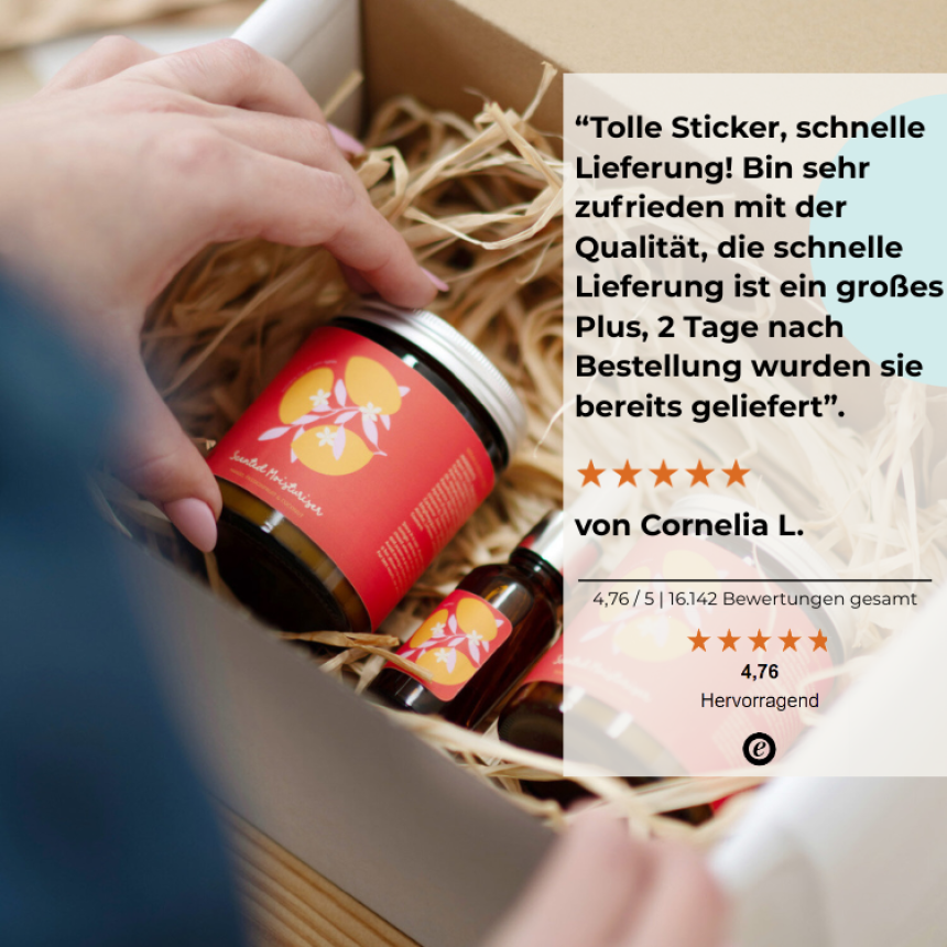 Das Bild zeigt ein Produktglas und eine Trusted Shops Bewertung.