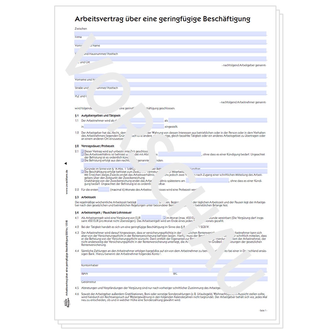 Arbeitsvertrag Minijob Geringfügige Beschäftigung 2201e Avery