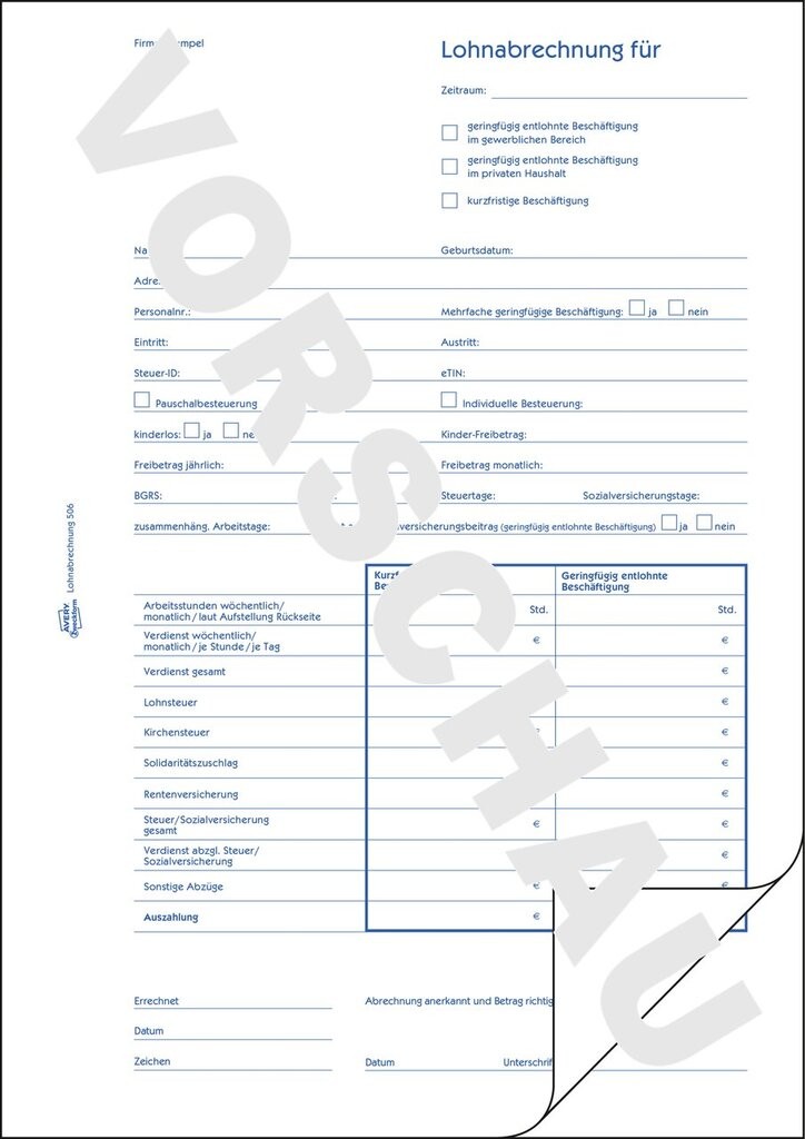 Lohnabrechnung Für Geringf Beschäftigte 506 Avery Zweckform