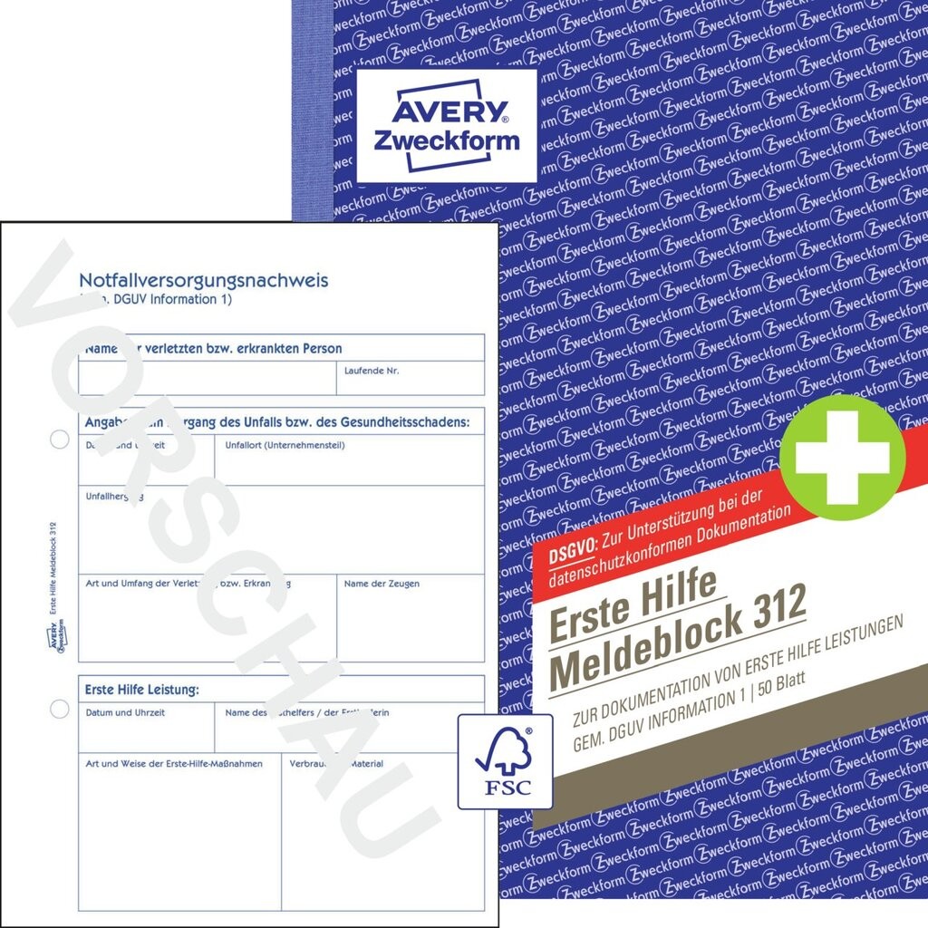 Erste Hilfe Meldeblock 312 Avery Zweckform