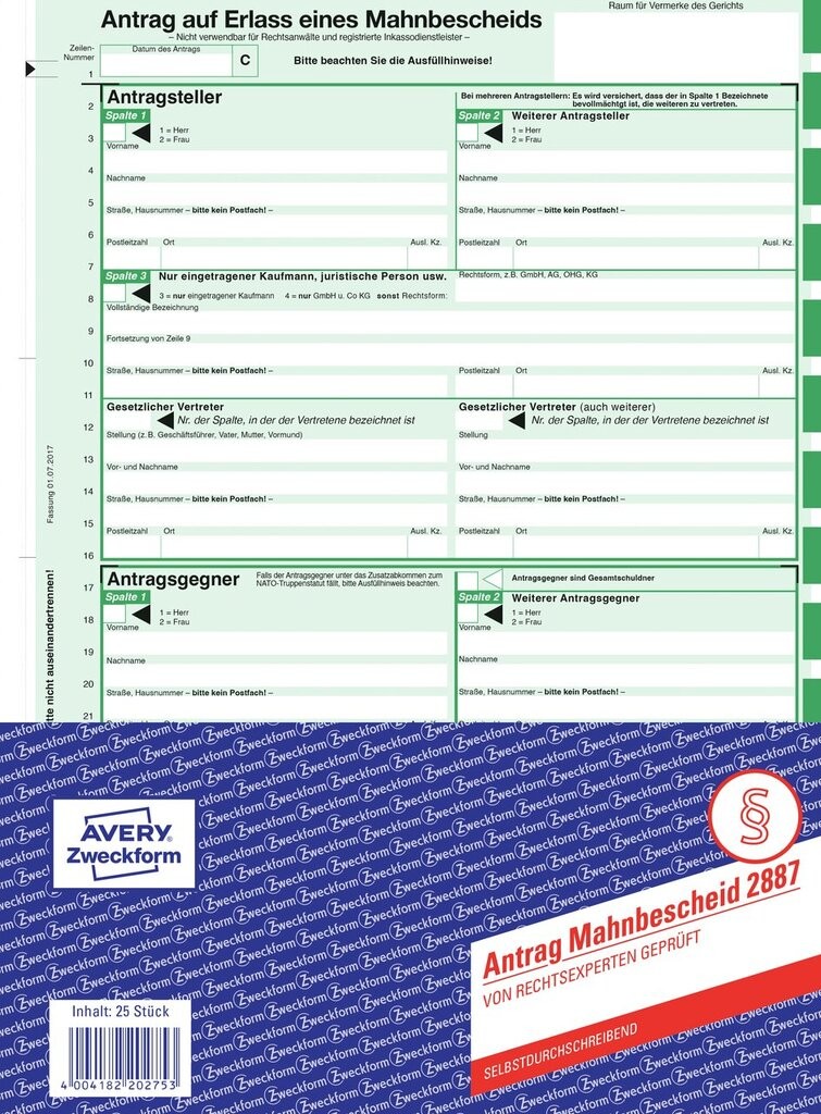 Mahnbescheid 2887 Avery Zweckform