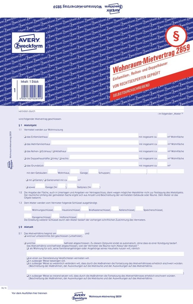 Wohnraum Mietvertrag 2859 Avery Zweckform