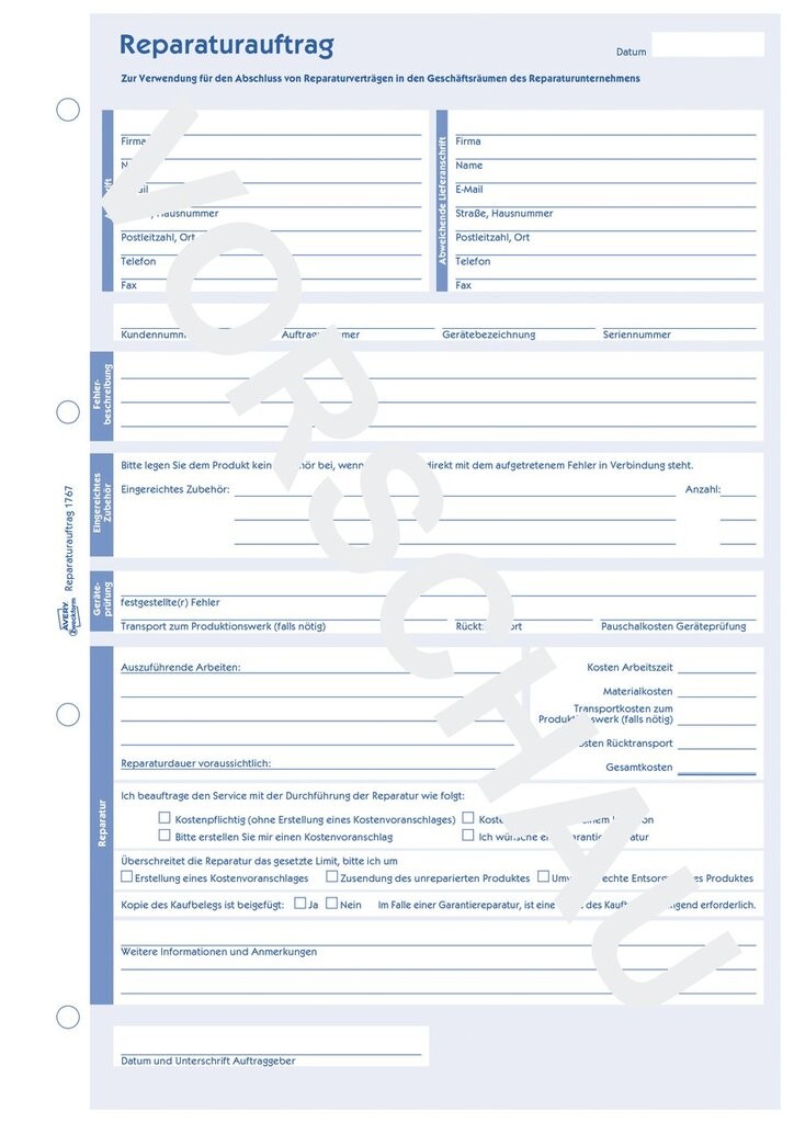 Reparaturauftrag Vorlage Word