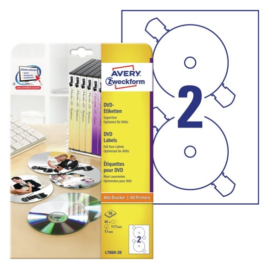 DVD-Etiketten L7860-20 Inhalt: 40 Etiketten / 20 Bogen