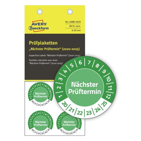 Prüfplaketten "Nächster Prüftermin" (2020-2025), Vinyl 6988-2020 Inhalt: 80 Etiketten / 10 Bogen