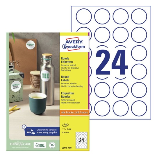Avery Zweckform Etiket Avery L3415-10 rond 40mm wit 240stuks