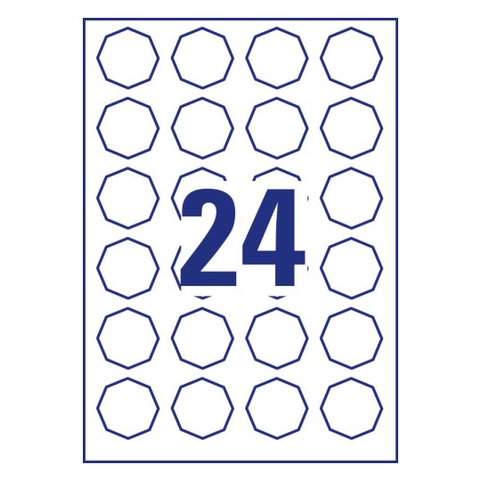 Stanzzeichnung Einzelbogen A4, Artikel: 5082, Achteckige Etiketten, ablösbar, Format: 40,8 x 40,3 mm, 24 Etiketten/Bogen
