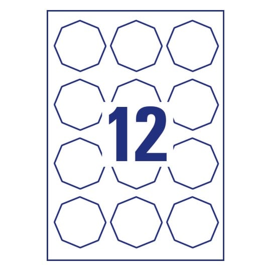 Stanzzeichnung Einzelbogen A4, Artikel: 5083, Achteckige Etiketten, ablösbar, Format: 61 x 60,3 mm, 12 Etiketten/Bogen