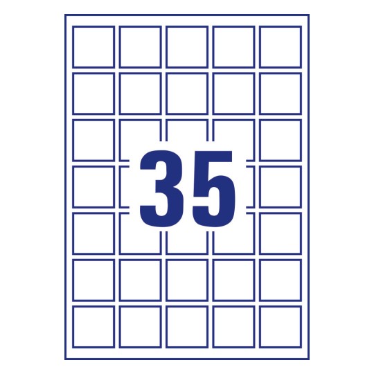 Stanzzeichnung Einzelbogen A4, Artikel: 6251-10, Quadratische Etiketten, Format: 35 x 35 mm, 35 Etiketten/Bogen