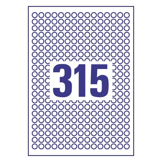 Stanzzeichnung Einzelbogen A4, Artikel: L6019REV-25, Runde Etiketten, ablösbar, Format: ⌀ 10 mm, 315 Etiketten/Bogen