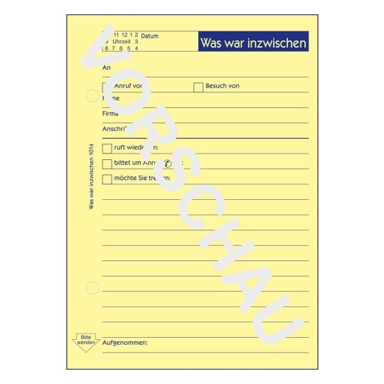 Formularabbildung: Avery Zweckform, Artikel: 1014, Was war inzwischen/was ist zu tun, 105 x 148 mm, A6, 50 Blatt/Buch
