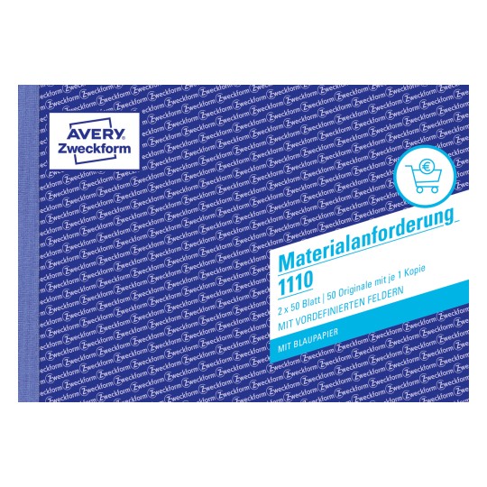 Dieses Bild zeigt ein Produkt von Avery Zweckform, konkret ein Dokument mit dem Titel 'Materialanforderung 1110', das Informationen über Originale und Kopien enthält und für die Verwendung mit vordefinierten Feldern auf blauem Papier ausgelegt ist.