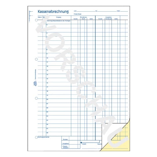 Formularabbildung: Avery Zweckform, Artikel: 1227, Recycling Kassenabrechnung, 210 x 297 mm, A4, 2 x 50 Blatt/Buch