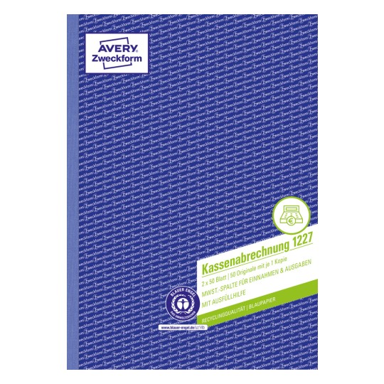 Produktabbildung: Avery Zweckform, Artikel: 1227, Recycling Kassenabrechnung, 210 x 297 mm, A4, 2 x 50 Blatt/Buch