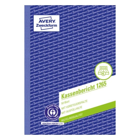 Produktabbildung: Avery Zweckform, Artikel: 1265, Recycling Kassenbericht, 148 x 210 mm, A5, 50 Blatt/Buch