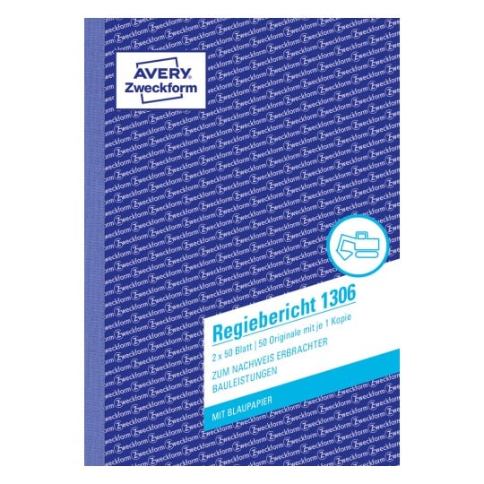 Das Bild zeigt ein blaues Deckblatt eines Dokuments mit dem Titel 'Regiebericht 1306' der Marke AVERY Zweckform. Es wird erwähnt, dass es aus 2 x 50 Blättern, Originalkopien, besteht und blaues Papier für Berichte verwendet wird.