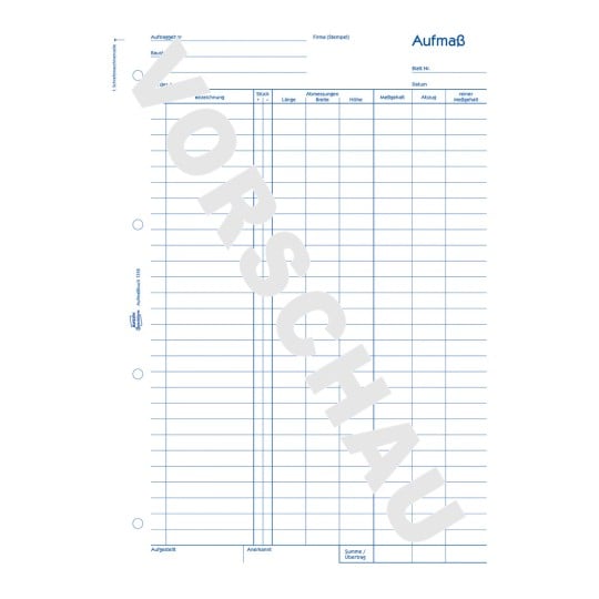 Formularabbildung: Avery Zweckform, Artikel: 1318, Aufmaß, 210 x 297 mm, A4, 100 Blatt/Buch